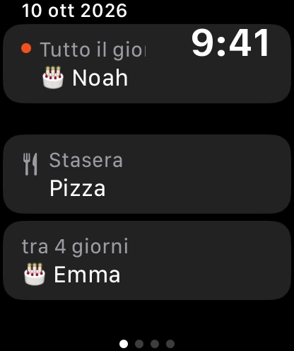 In arrivo sull'orologio: un compleanno oggi, la cena di stasera e un compleanno tra 4 giorni.