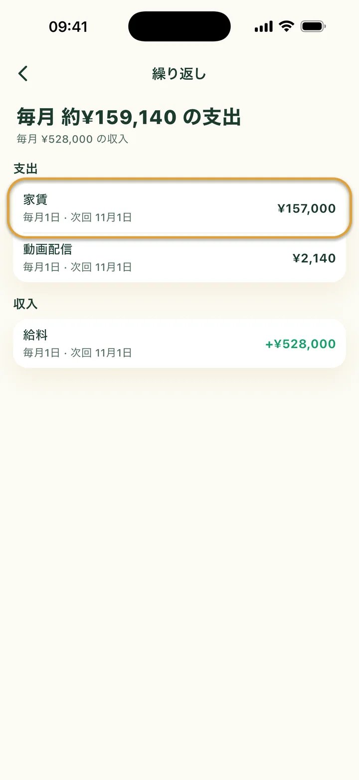 繰り返しの画面。毎月約¥159,140の支出、¥528,000の収入。家賃が丸で囲まれています。