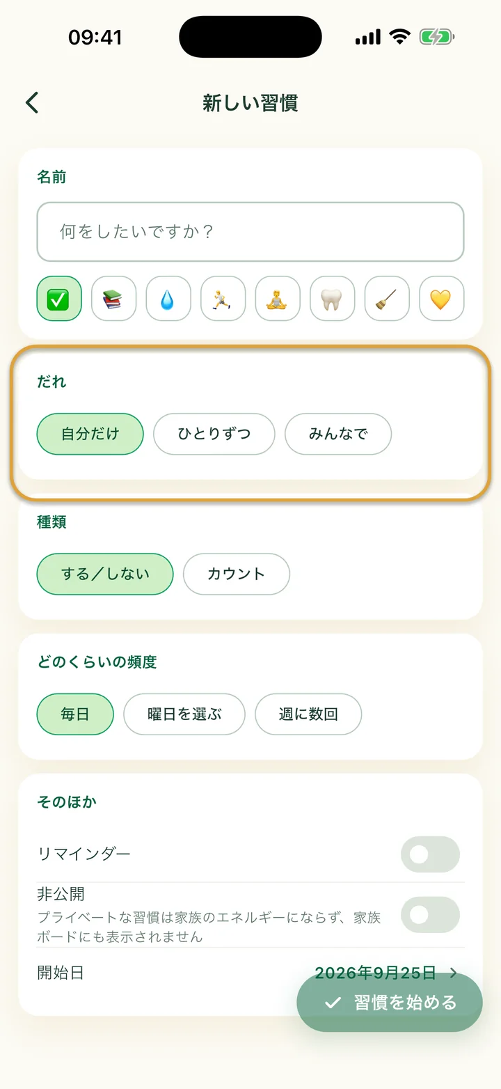 「新しい習慣」の入力画面。「だれ」の選択肢「自分だけ」「ひとりずつ」「みんなで」が丸で囲まれています。