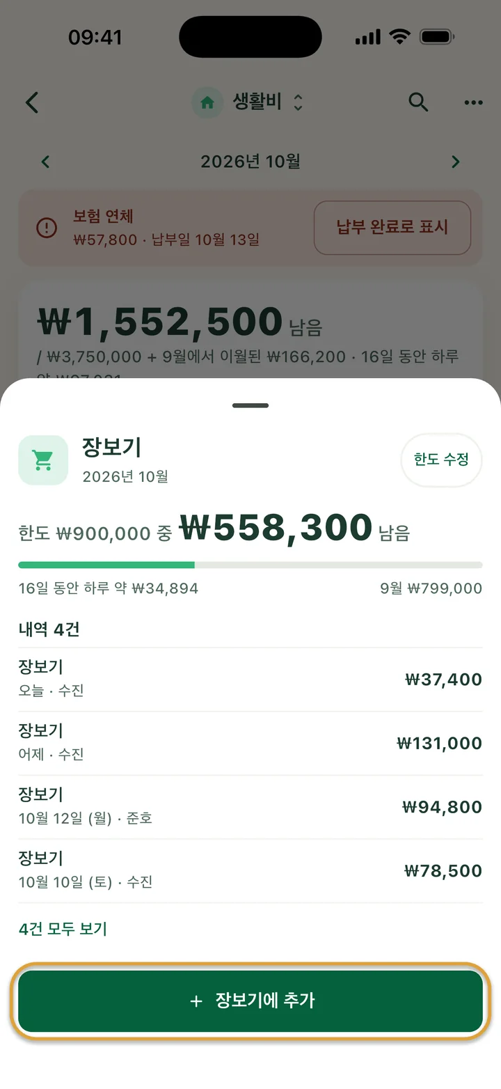 장보기 시트. 한도 ₩900,000 중 ₩558,300 남음, 내역 4건. 장보기에 추가 버튼에 동그라미가 쳐져 있어요.