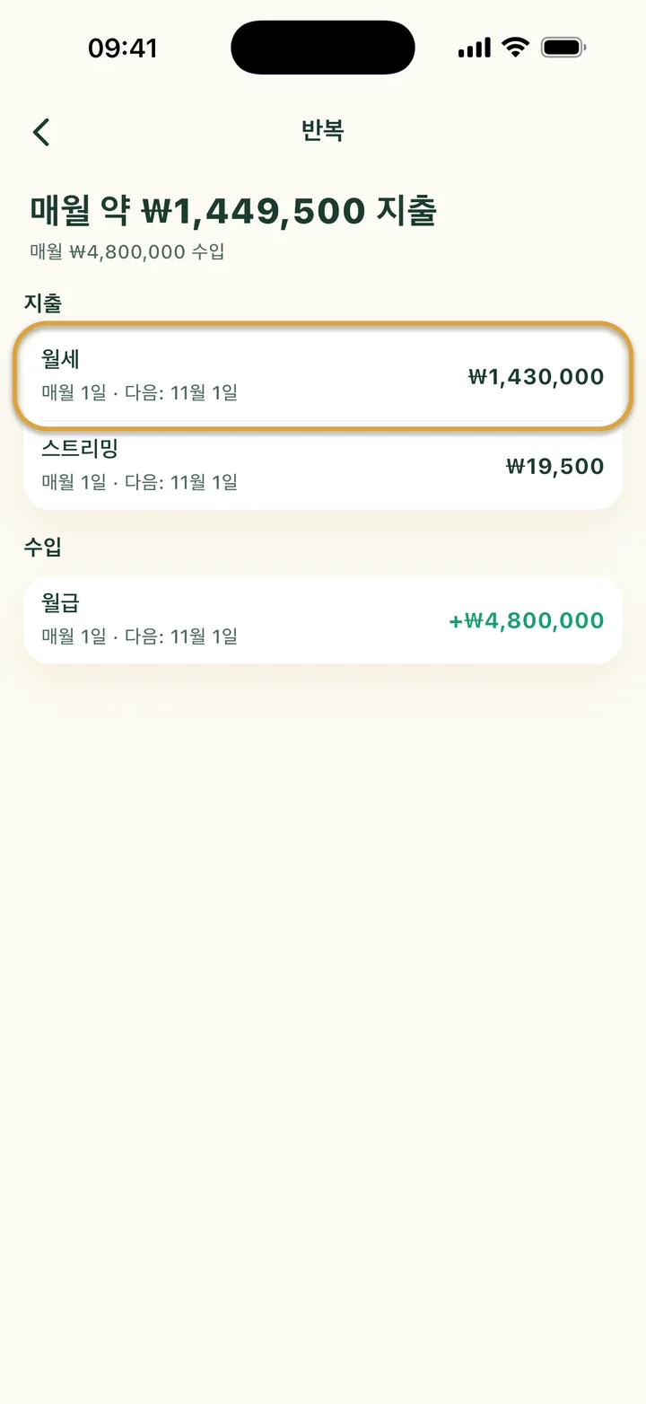 반복 화면. 매월 약 ₩1,449,500 지출, ₩4,800,000 수입. 월세에 동그라미가 쳐져 있어요.