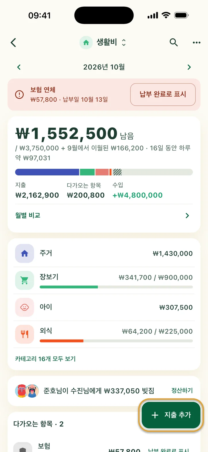 10월 생활비 예산. 맨 위에 연체된 청구서, 그 아래 남은 금액, 색깔 막대, 카테고리가 있어요. 지출 추가 버튼에 동그라미가 쳐져 있어요.