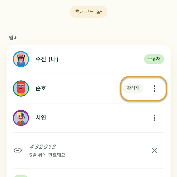 가족 화면의 멤버 목록에 ‘소유자’와 ‘관리자’ 표시가 있어요. ‘관리자’ 표시와 준호 옆의 ⋮ 버튼에 동그라미가 쳐져 있어요.