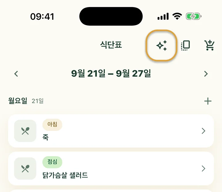 식단표 위쪽. 복사 버튼 옆의 반짝이 버튼에 동그라미가 쳐져 있어요.