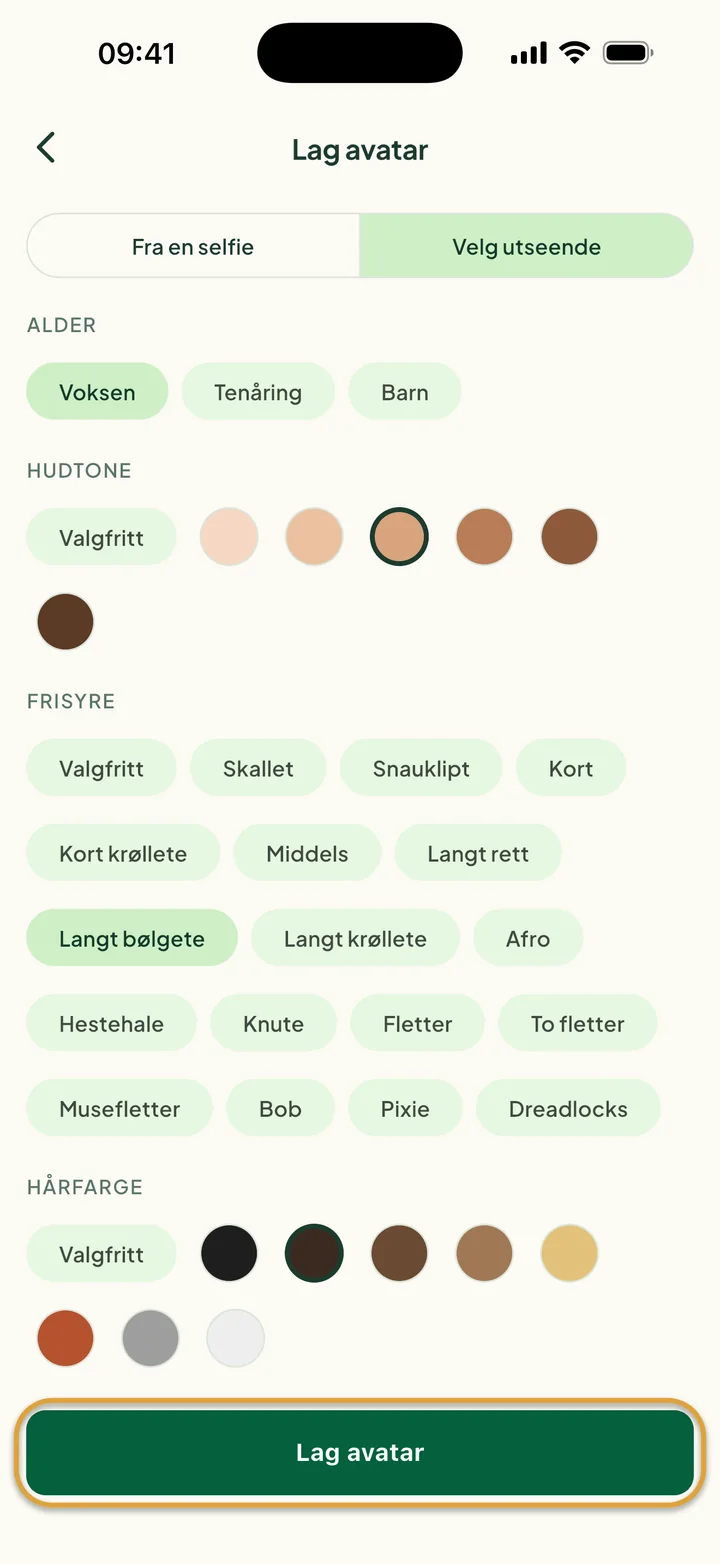 Velg utseende med Voksen, en hudtone og håret Langt bølgete og Mørkebrun valgt. Lag avatar er ringet inn.
