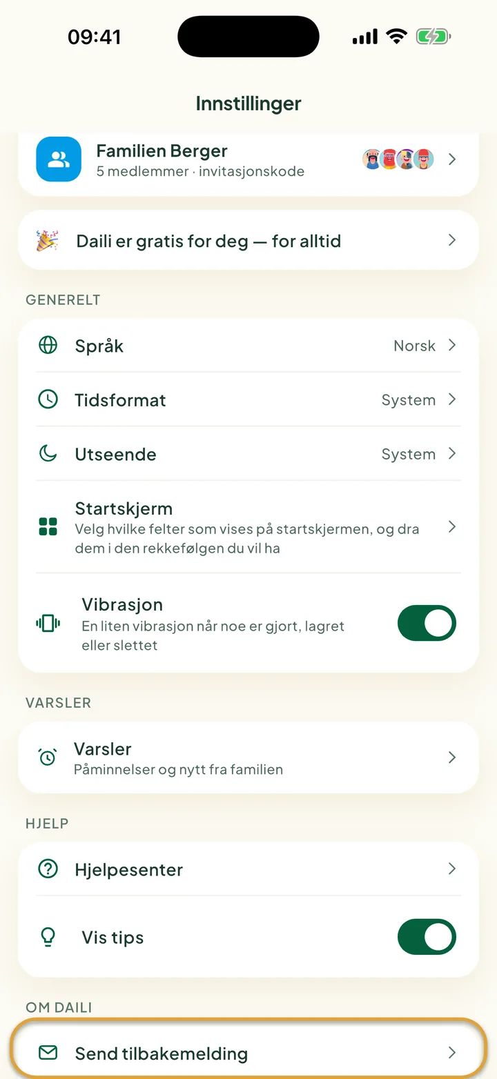 Skjermen Innstillinger. Send tilbakemelding under Om Daili er ringet inn.