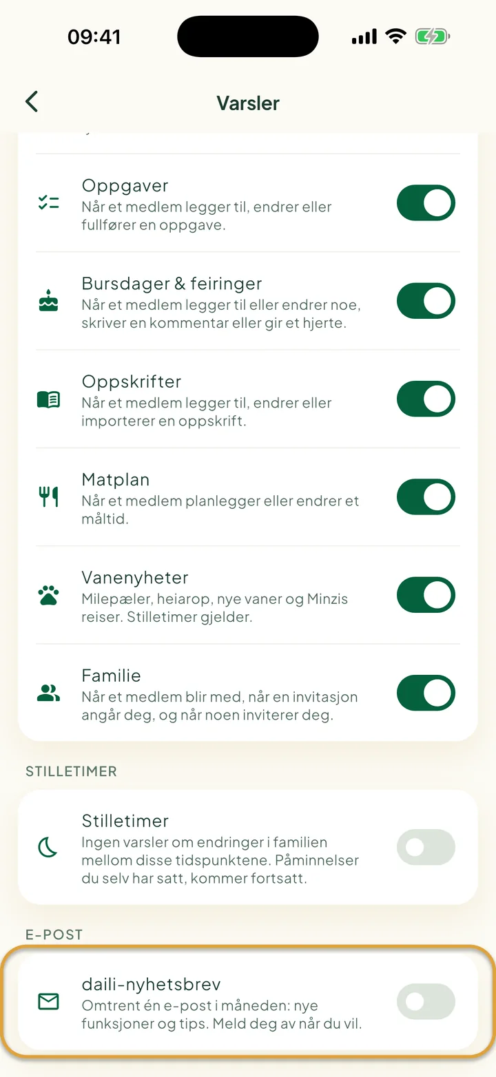 Bunnen av skjermen Varsler. Bryteren daili-nyhetsbrev under E-post er ringet inn.