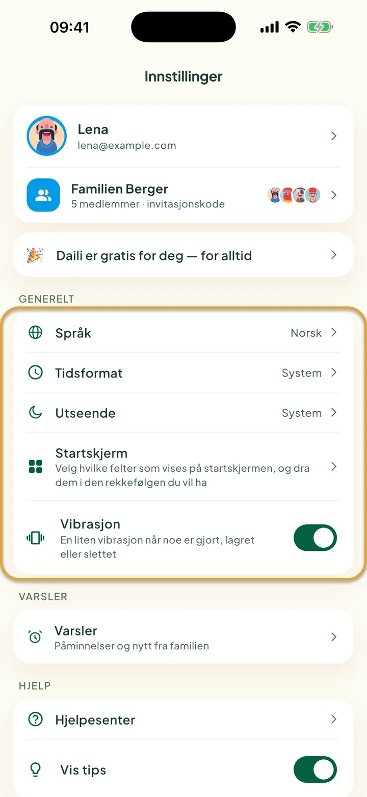 Skjermen Innstillinger. Kortet Generelt med Språk, Tidsformat, Utseende, Startskjerm og Vibrasjon er ringet inn.