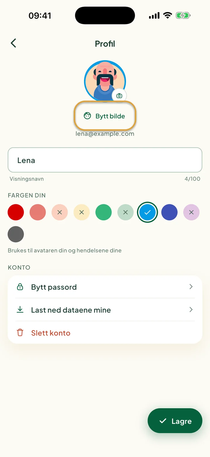 Skjermen Profil med navn, farger og kontorader. Bytt bilde er ringet inn.