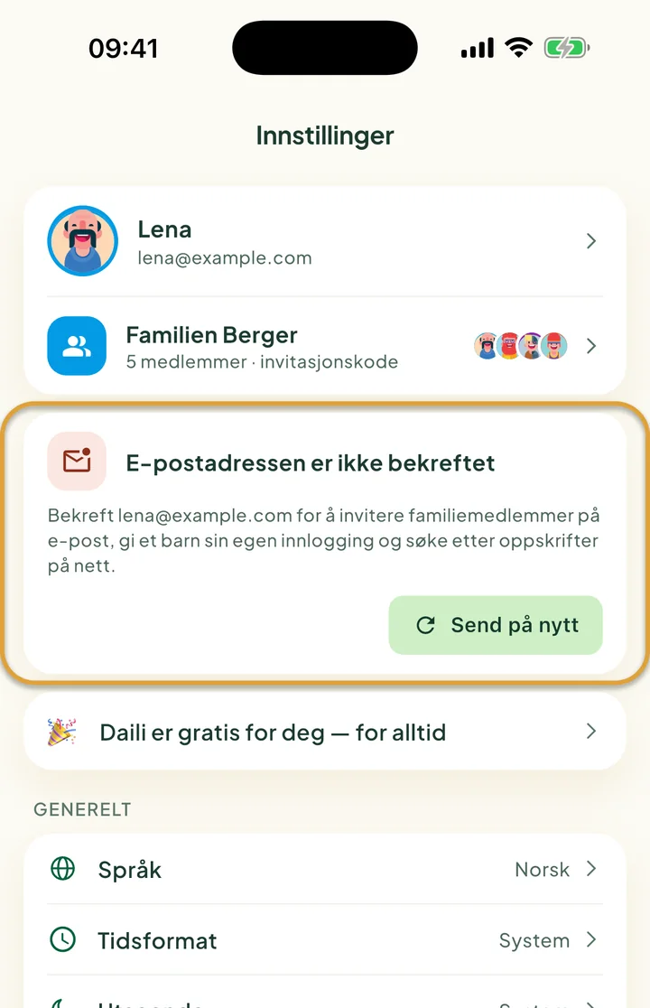 Toppen av Innstillinger. Kortet E-postadressen er ikke bekreftet med knappen Send på nytt er ringet inn.