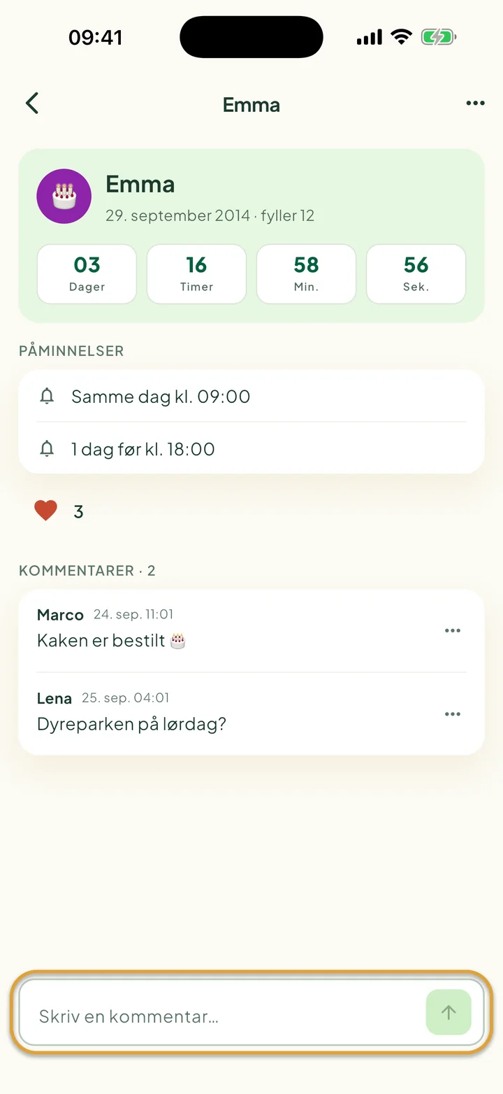 En bursdag med et hjerte og to kommentarer. Feltet Skriv en kommentar… nederst er ringet inn.