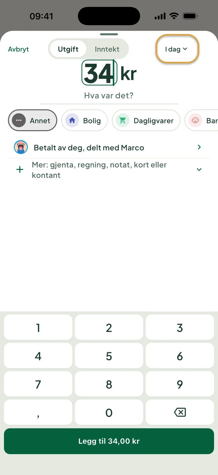 En utgift på 34 kr legges inn med talltastaturet. Knappen I dag øverst er ringet inn.