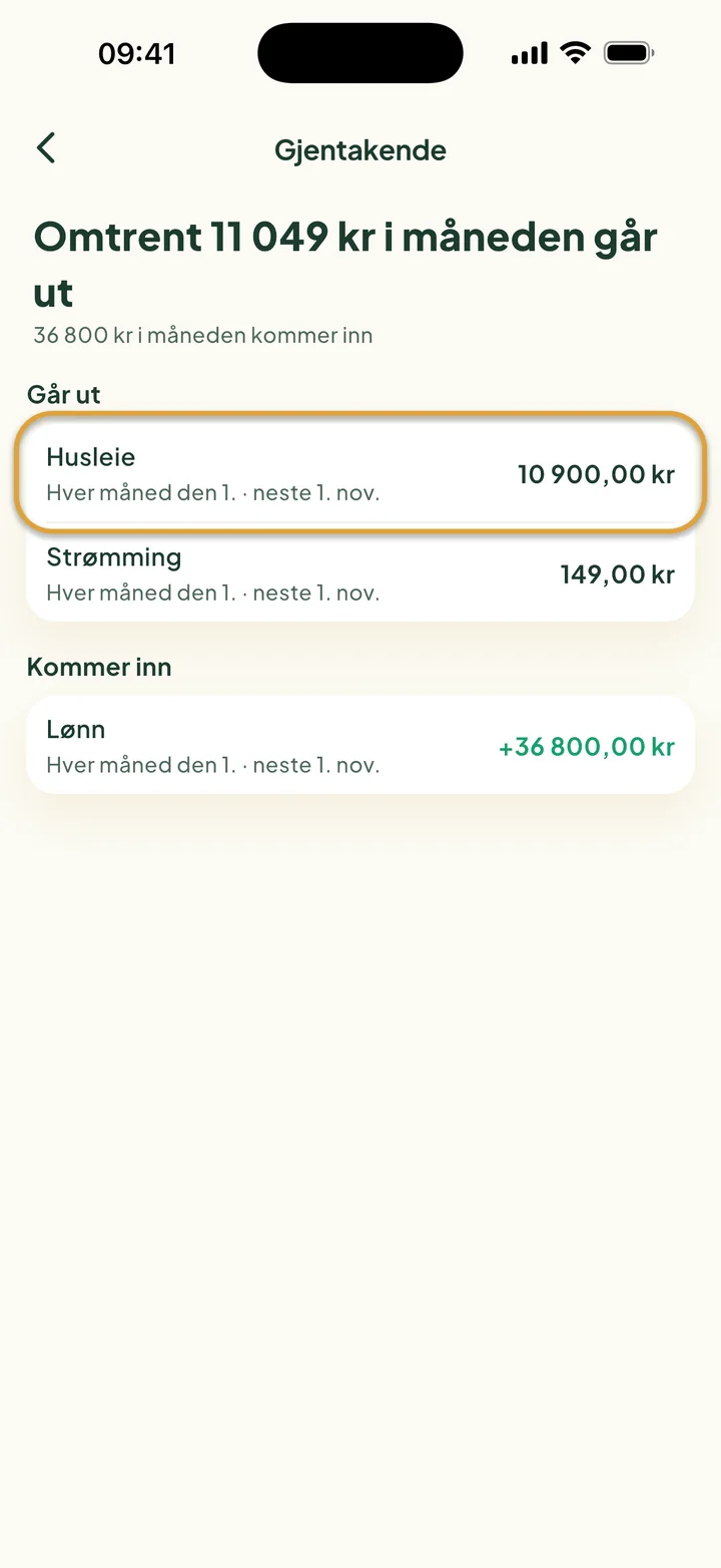 Skjermen Gjentakende: omtrent 11 049 kr i måneden går ut, 36 800 kr kommer inn. Husleie er ringet inn.