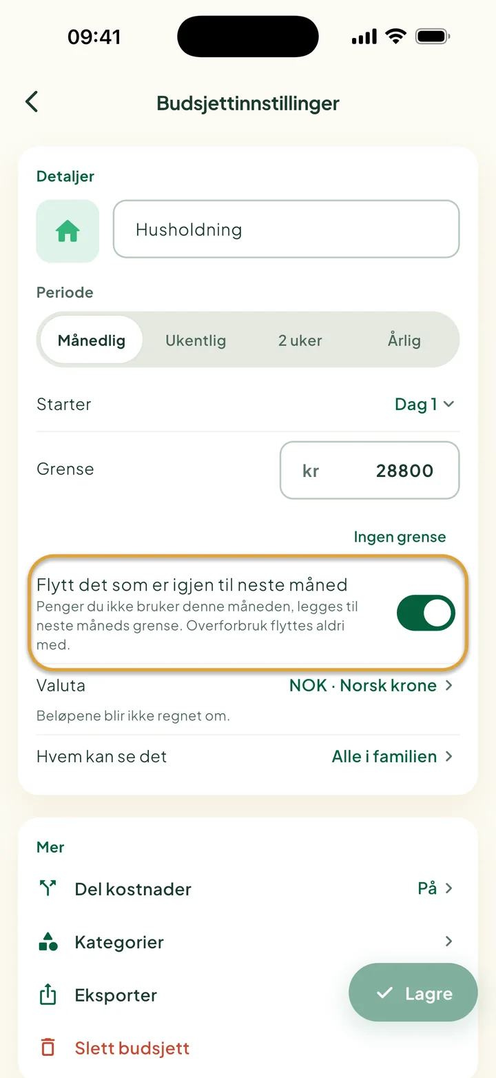 Budsjettinnstillinger med Flytt det som er igjen til neste måned slått på. Bryteren er ringet inn.
