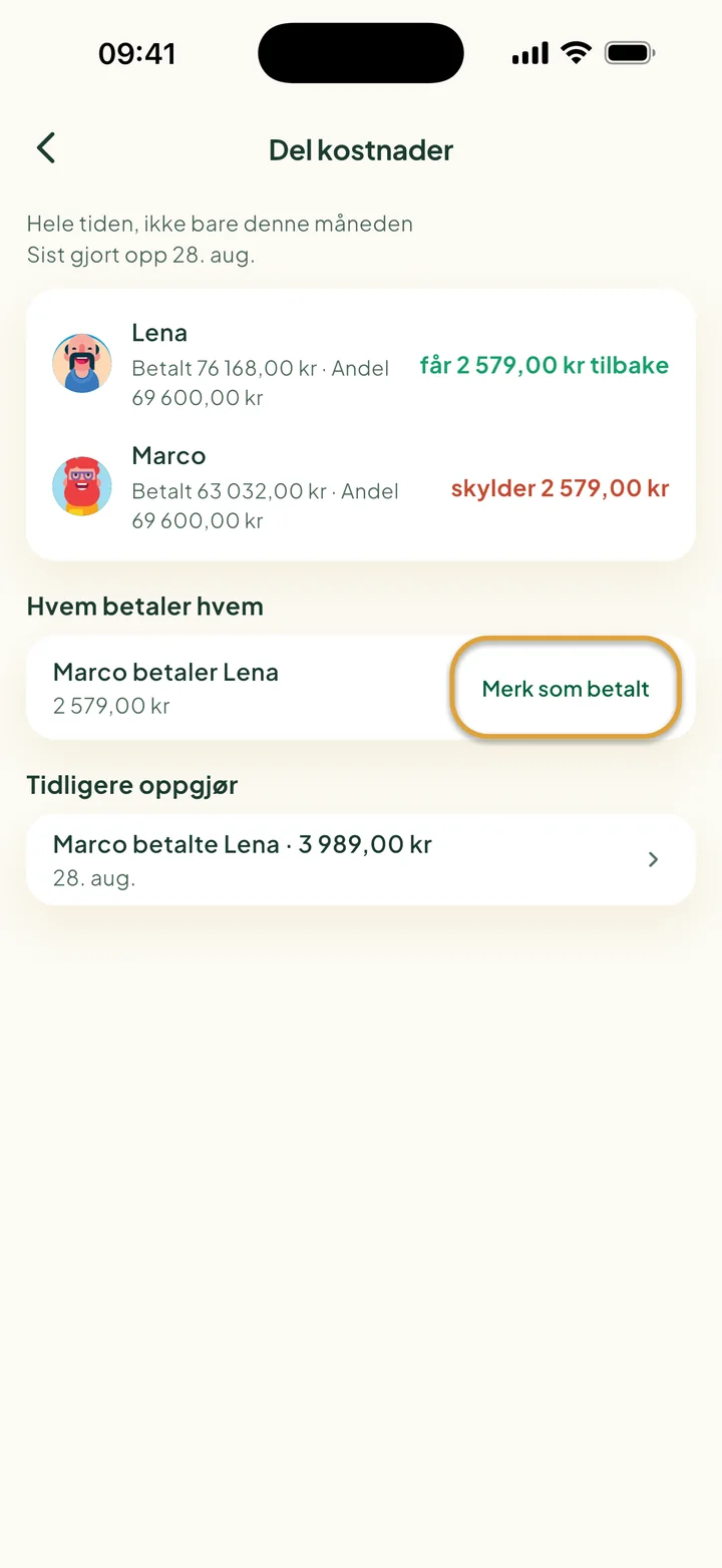Skjermen Del kostnader. Marco betaler Lena 2 579,00 kr. Knappen Merk som betalt er ringet inn.