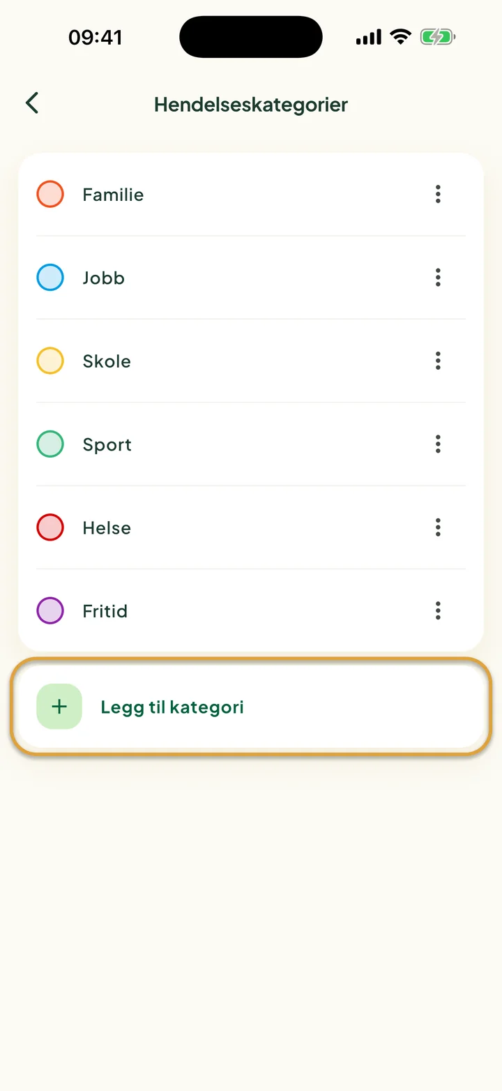 Skjermen Hendelseskategorier med seks kategorier. Raden Legg til kategori er ringet inn.