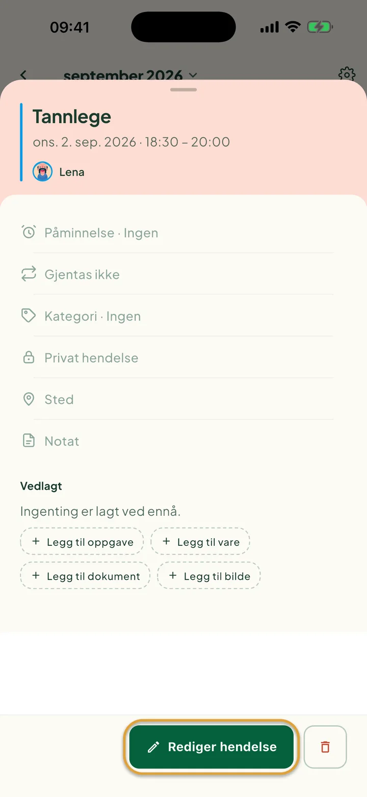 En hendelse åpnet fra kalenderen. Knappen Rediger hendelse er ringet inn, med sletteknappen ved siden av.