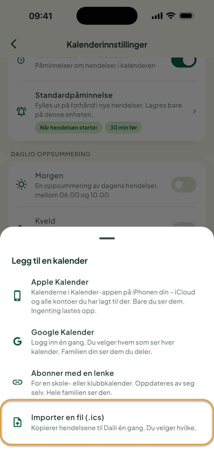 Arket Legg til en kalender i kalenderinnstillingene. Importer en fil (.ics) er ringet inn.