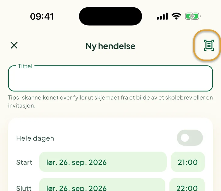 Skjermen Ny hendelse. Skanneikonet øverst til høyre er ringet inn.