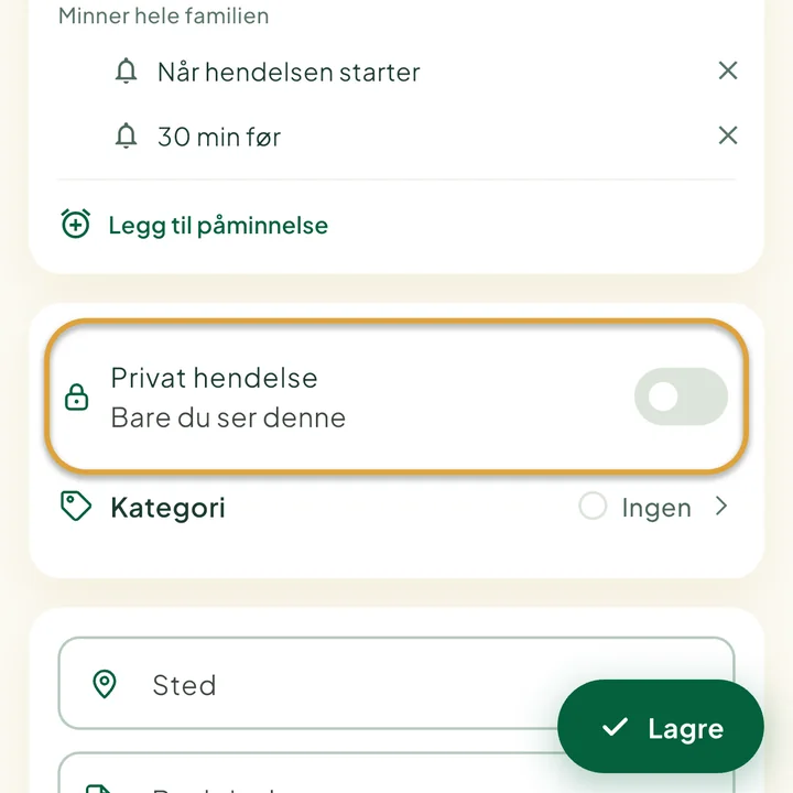 Skjemaet for en hendelse. Bryteren Privat hendelse er ringet inn.