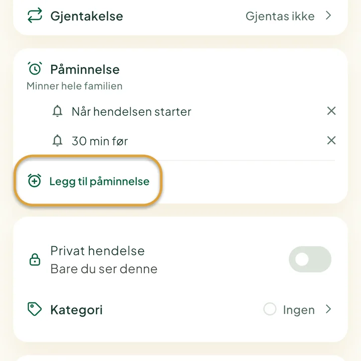Seksjonen Påminnelse i hendelsesskjemaet med to påminnelser. Knappen Legg til påminnelse er ringet inn.