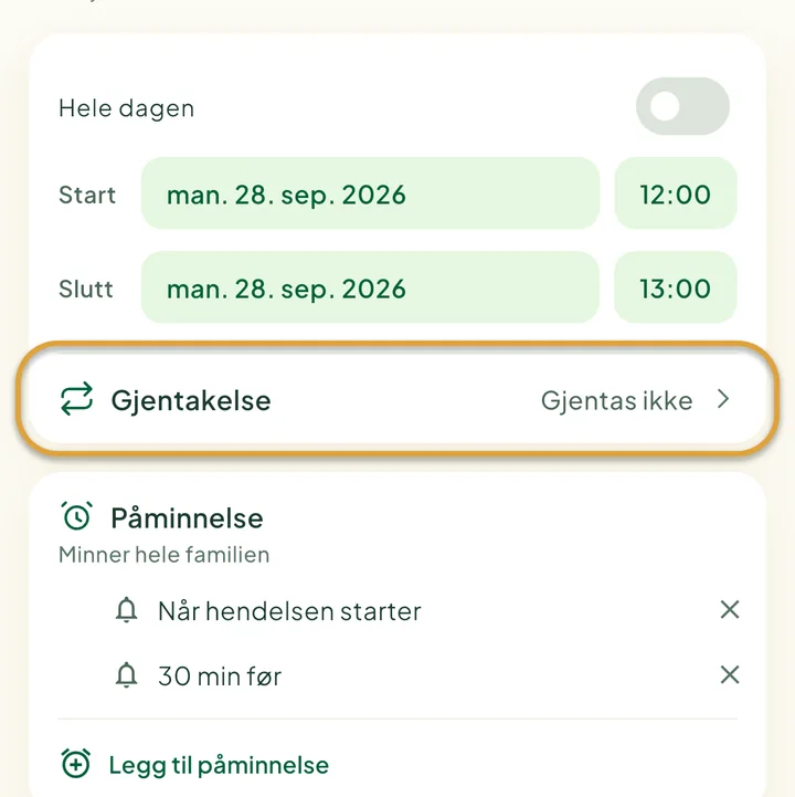 Skjemaet for en ny hendelse. Raden Gjentakelse er ringet inn.