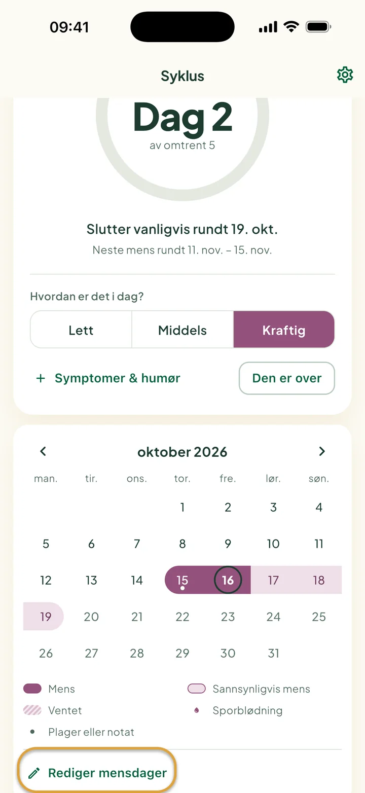 Syklus-måneden på mensdag 2: et bånd på 15.–16. okt., svake dager etter det og en ring rundt i dag. Rediger mensdager er ringet inn.