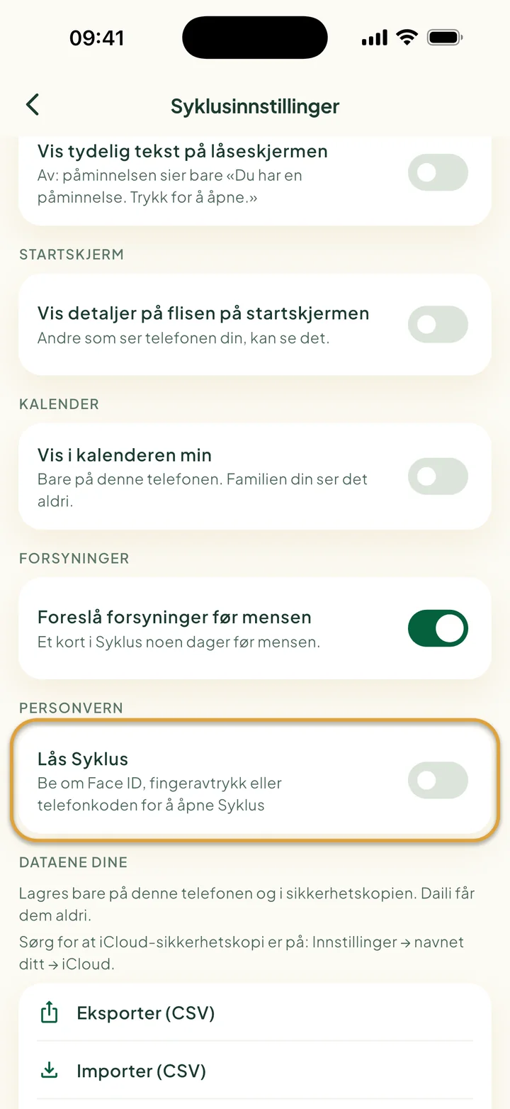 Syklusinnstillinger med Vis i kalenderen min, bryteren for forsyninger og Eksporter og Importer. Lås Syklus er ringet inn.