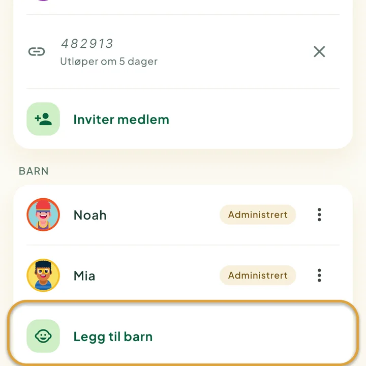 Seksjonen Barn på skjermen Familie med to barn. Raden Legg til barn er ringet inn.
