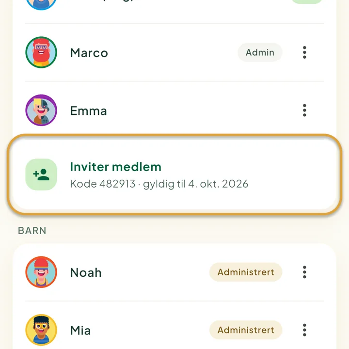 Skjermen Familie. Inviter medlem, med den gjeldende koden og sluttdatoen under, er ringet inn.