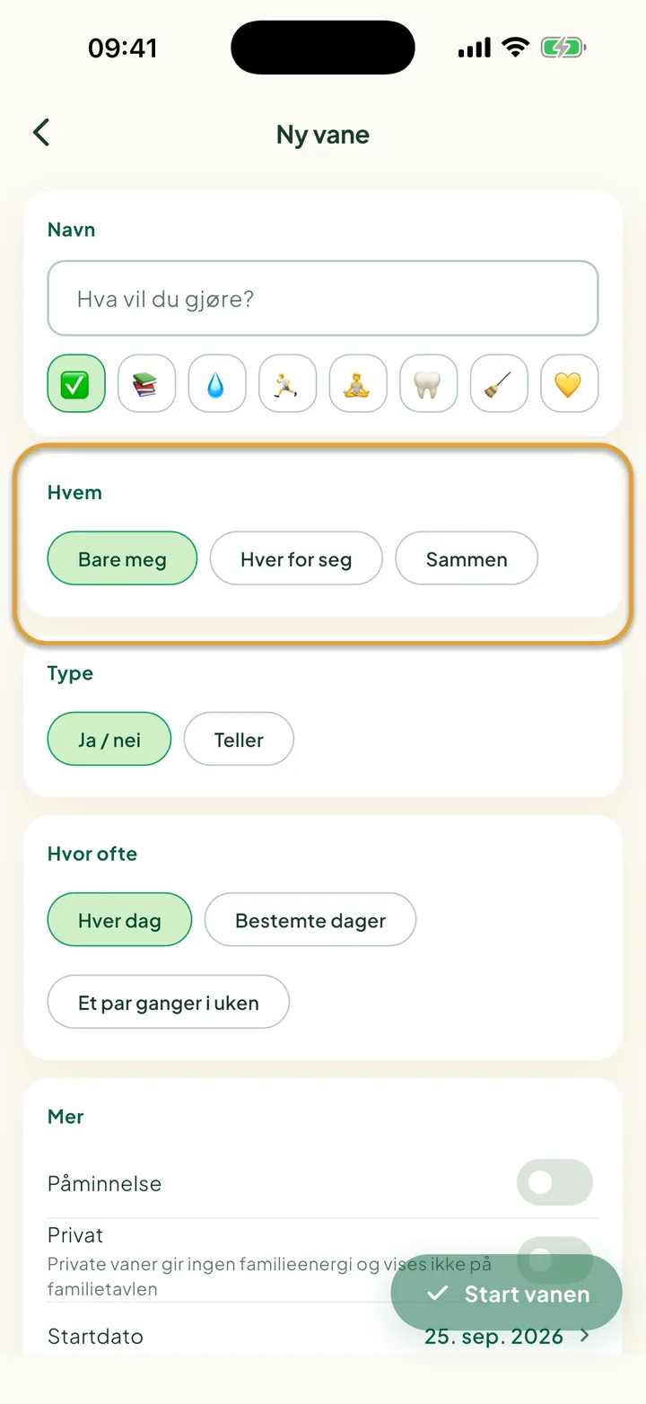 Skjemaet for en ny vane. Valgene under Hvem, Bare meg, Hver for seg og Sammen, er ringet inn.