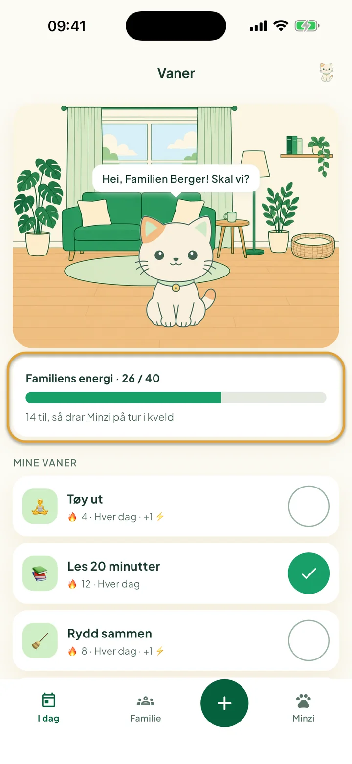 Skjermen Vaner med Minzi i rommet sitt. Linjen Familiens energi er ringet inn.