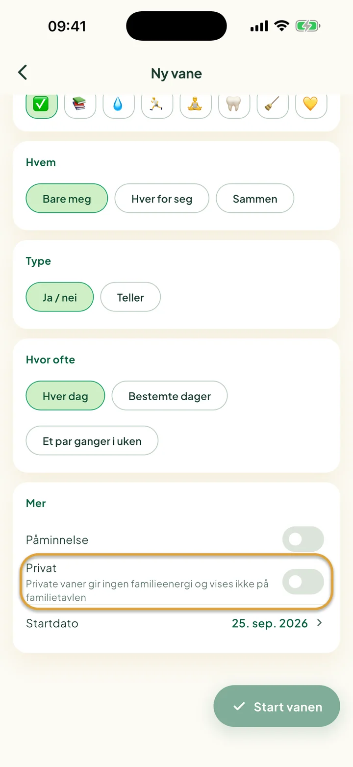 Delen Mer i skjemaet for en ny vane. Bryteren Privat er ringet inn.