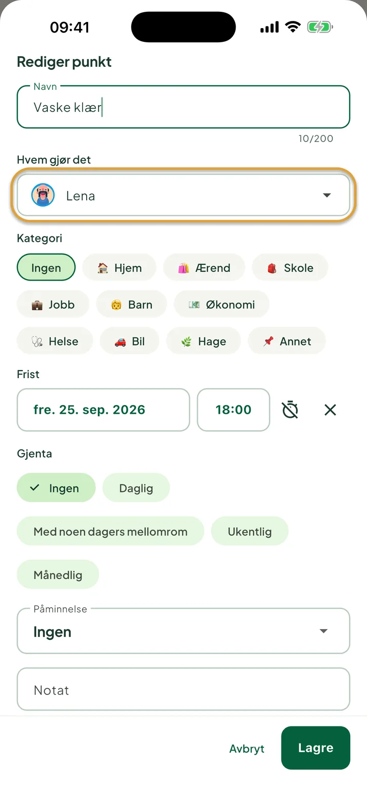 Arket for å redigere en oppgave. Feltet Hvem gjør det, satt til Lena, er ringet inn.