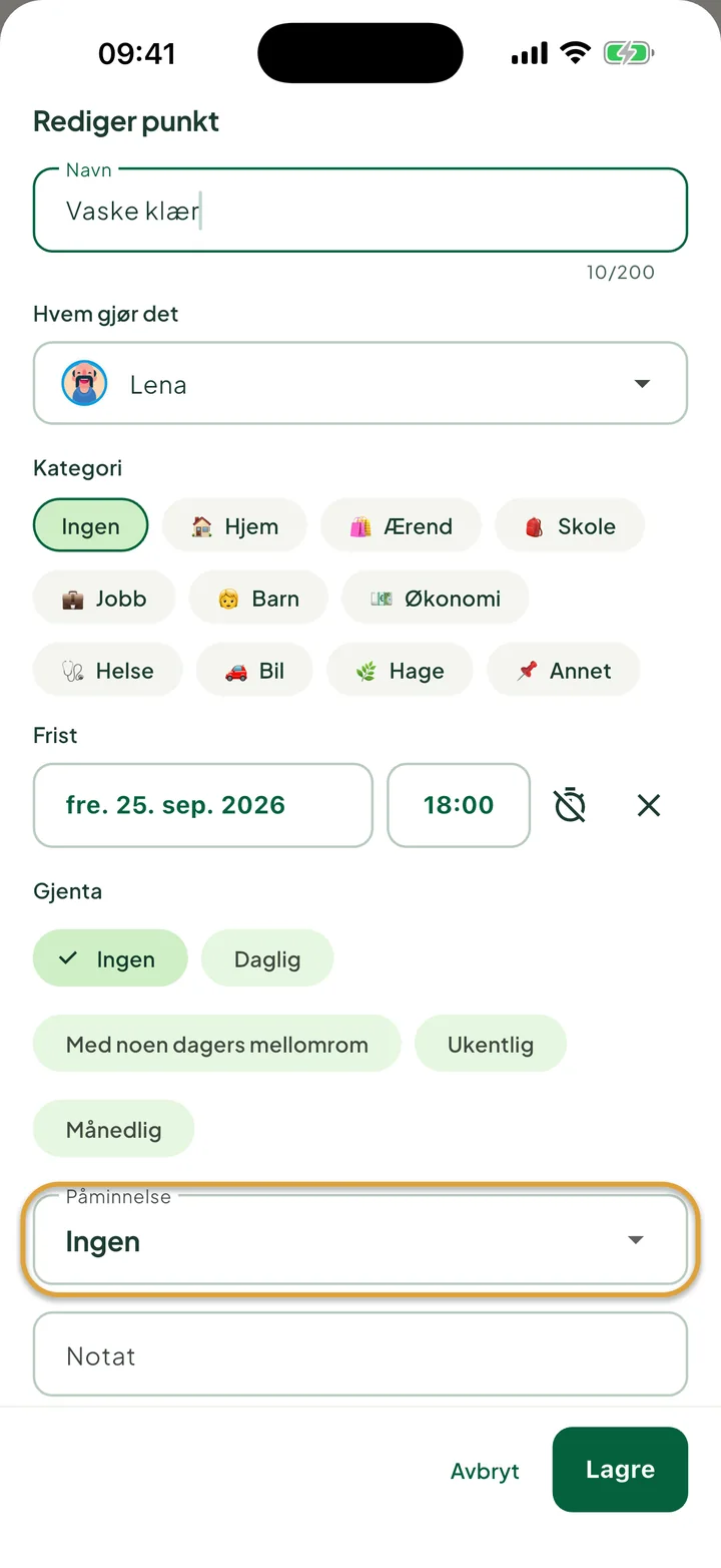 Arket for å redigere en oppgave med frist og tidspunkt. Feltet Påminnelse er ringet inn.