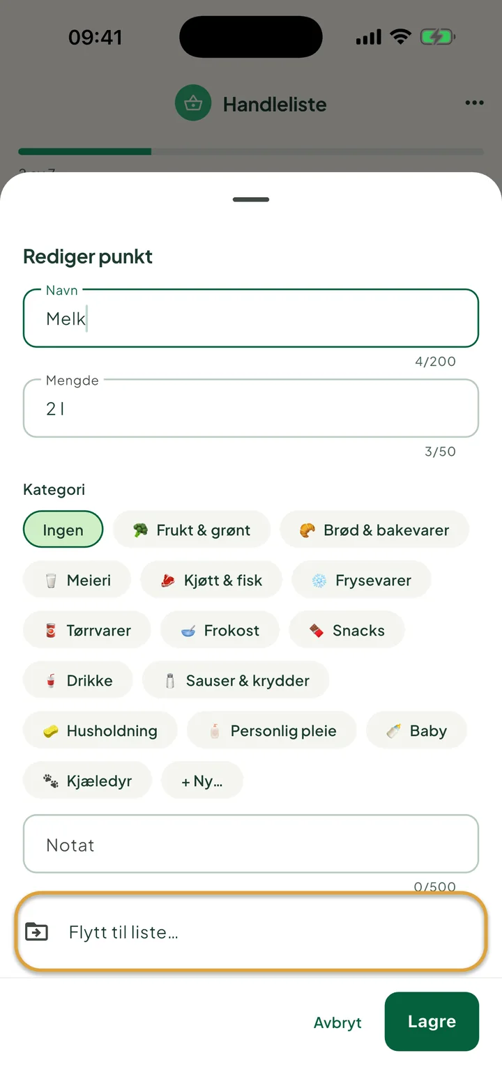Arket for å redigere Melk. Raden Flytt til liste… er ringet inn.