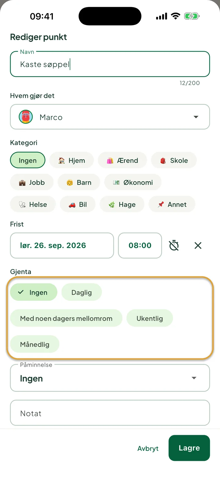 Arket for å redigere en oppgave. Valgene under Gjenta, Ingen, Daglig, Med noen dagers mellomrom, Ukentlig og Månedlig, er ringet inn.