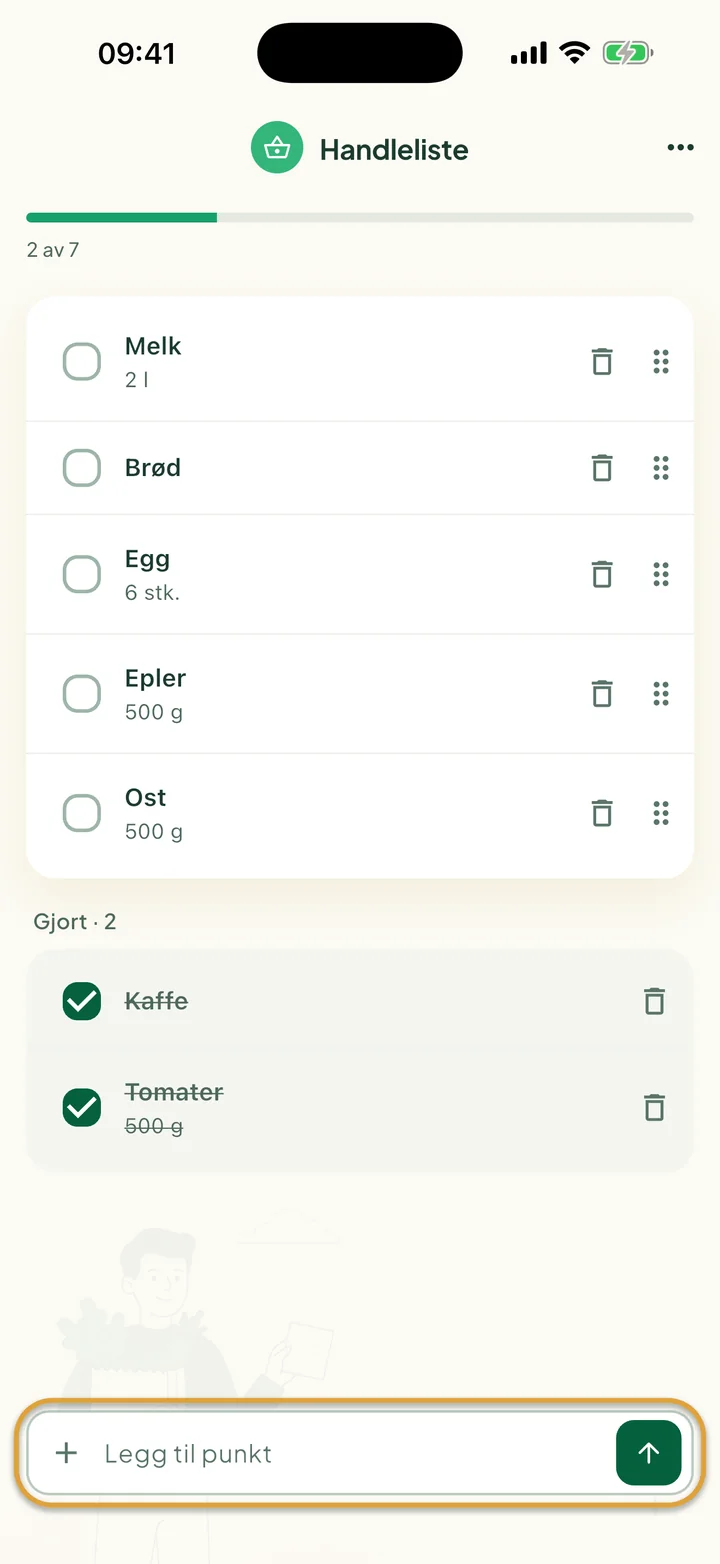 Listen Handleliste med åpne varer og to avhakede under Gjort. Feltet Legg til punkt nederst er ringet inn.