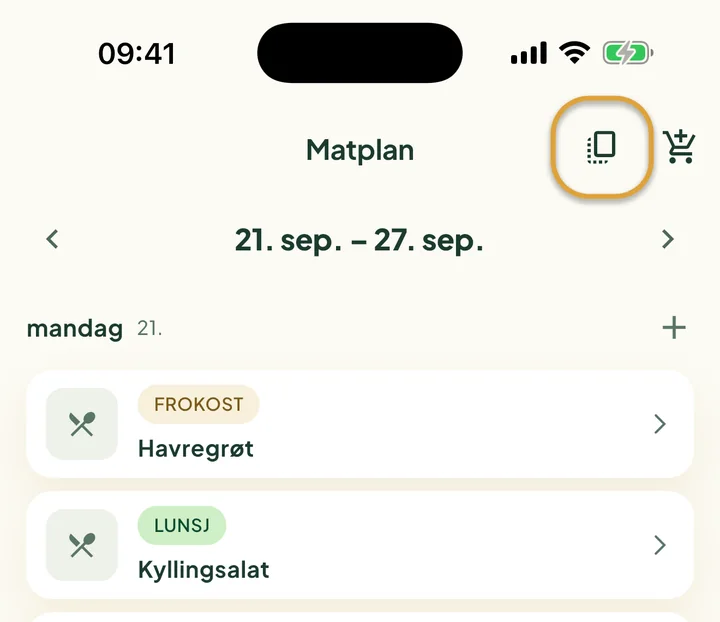 Toppen av Matplan. Kopieringsknappen ved siden av handlevognen er ringet inn.