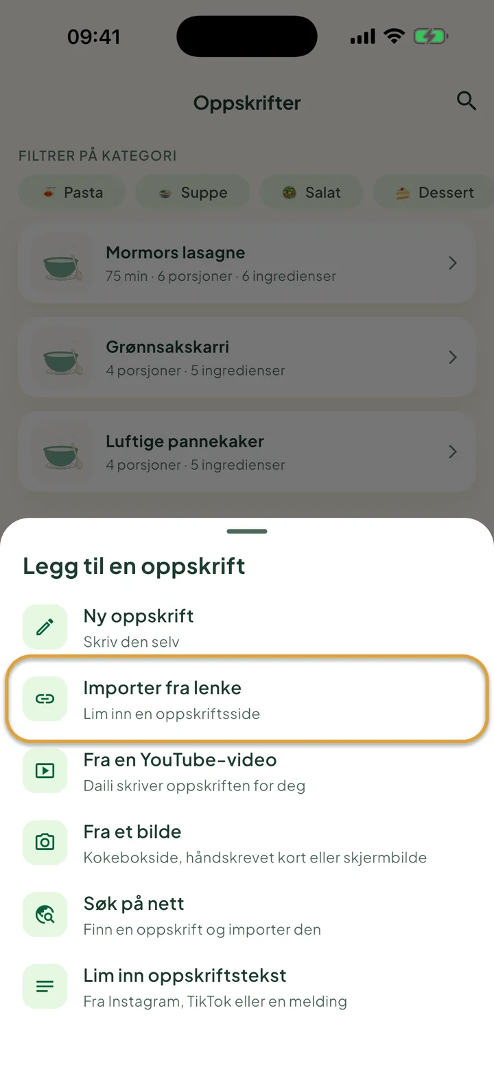 Skjermen Oppskrifter med menyen + åpen. Importer fra lenke er ringet inn.