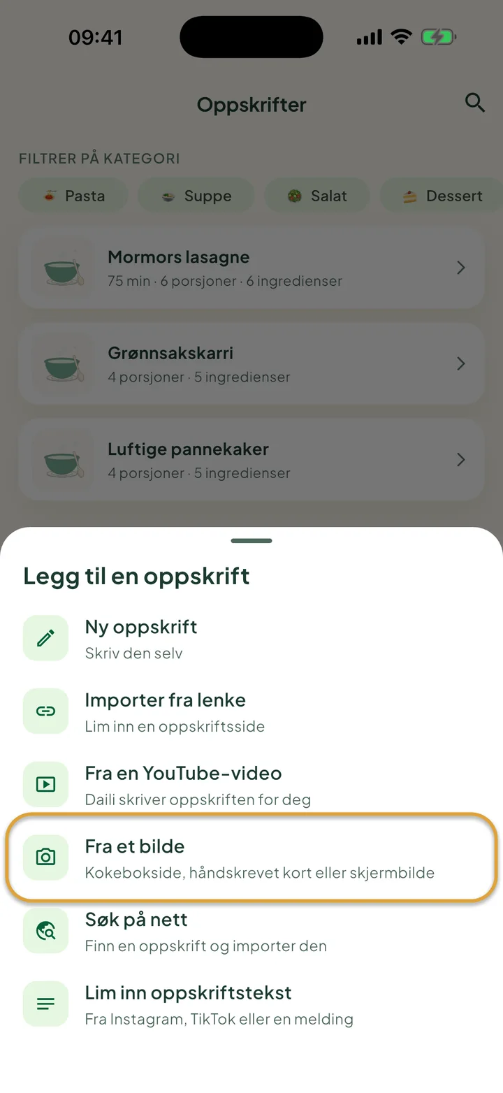 Skjermen Oppskrifter med menyen + åpen. Fra et bilde er ringet inn.
