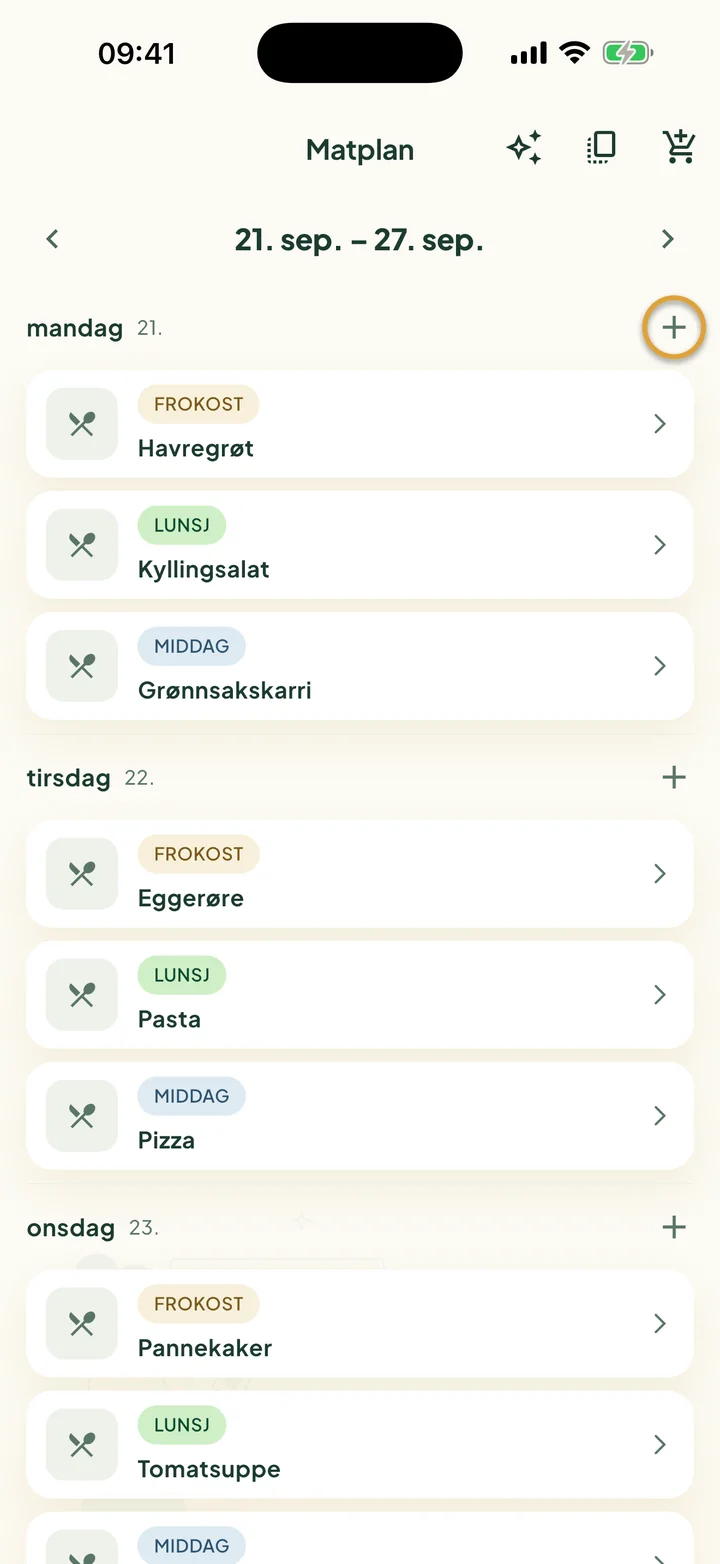 Matplan for én uke. Knappen + ved siden av mandag er ringet inn.