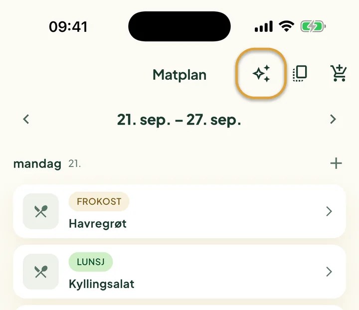 Toppen av matplanen. Stjerneknappen ved siden av kopieringsknappen er ringet inn.