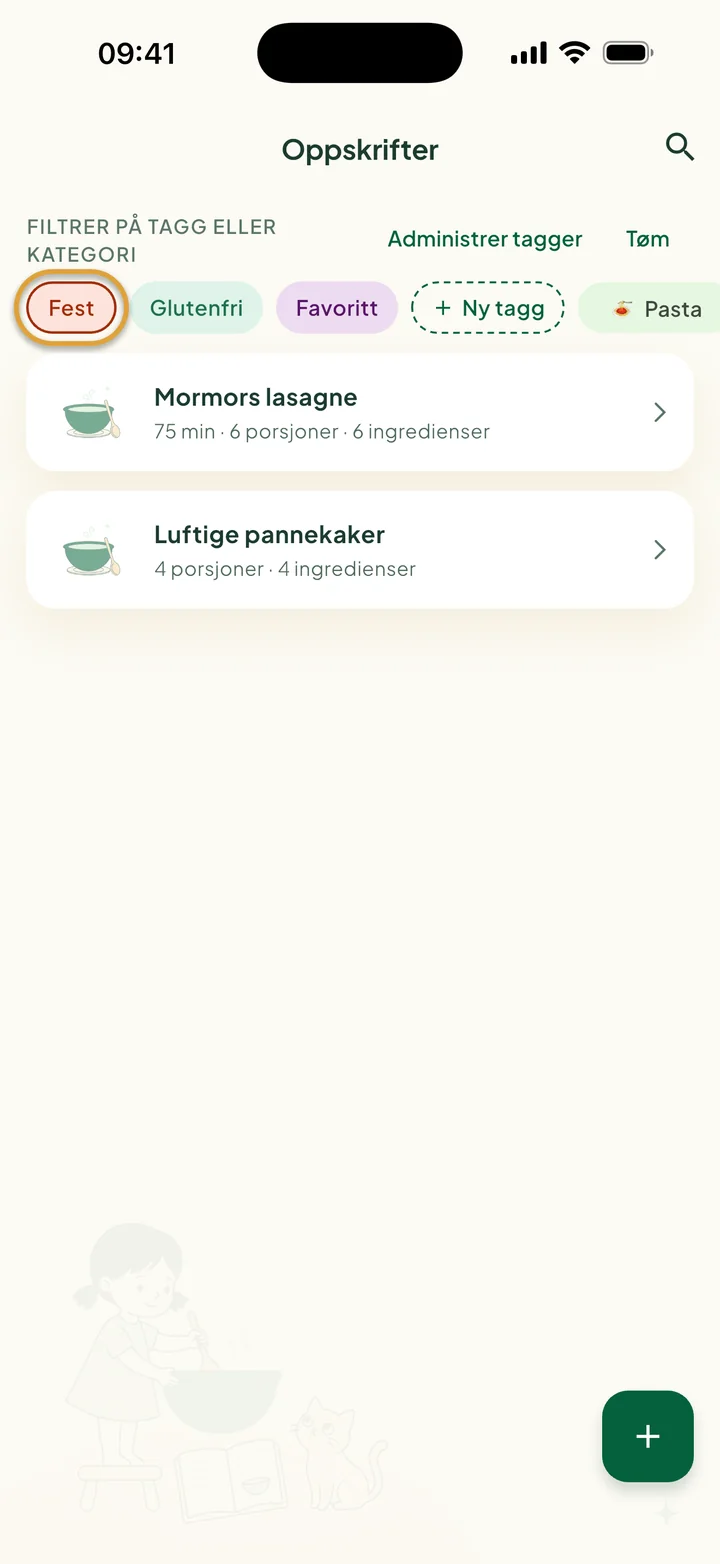Filterraden med Fest valgt. Bare Mormors lasagne og Luftige pannekaker vises.