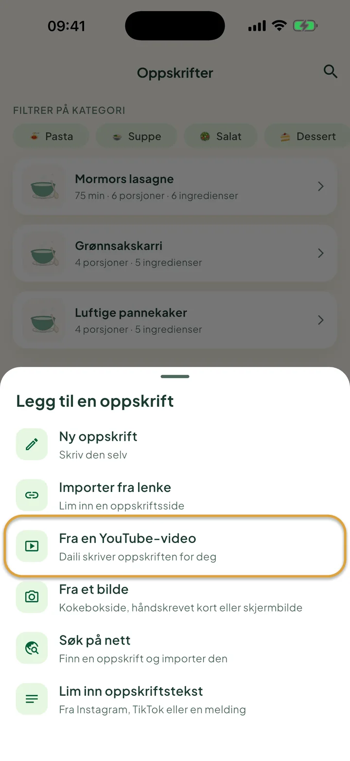 Skjermen Oppskrifter med menyen + åpen. Fra en YouTube-video er ringet inn.