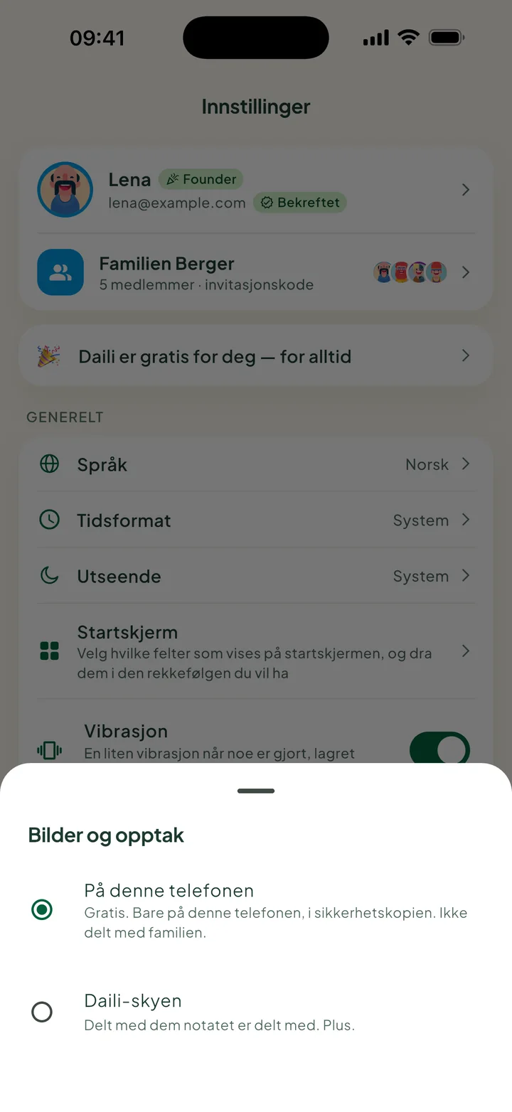 Bilder og opptak, med På denne telefonen valgt og Daili-skyen under.