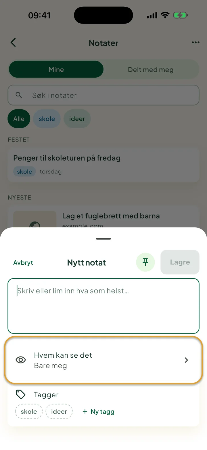 Et nytt notat. Linjen som viser hvem som kan se det, er ringet inn.