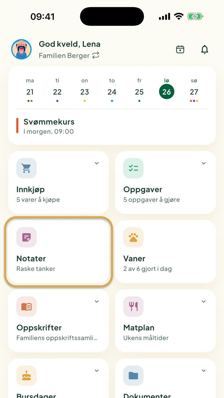 Startskjermen. Flisen Notater er ringet inn.