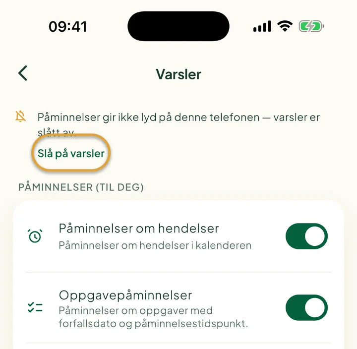 Toppen av skjermen Varsler med en melding om at varsler er slått av. Slå på varsler er ringet inn.