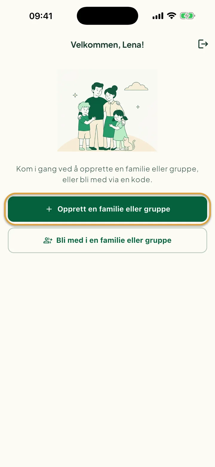 Velkomstskjermen for nye brukere. Knappen Opprett en familie eller gruppe er ringet inn.